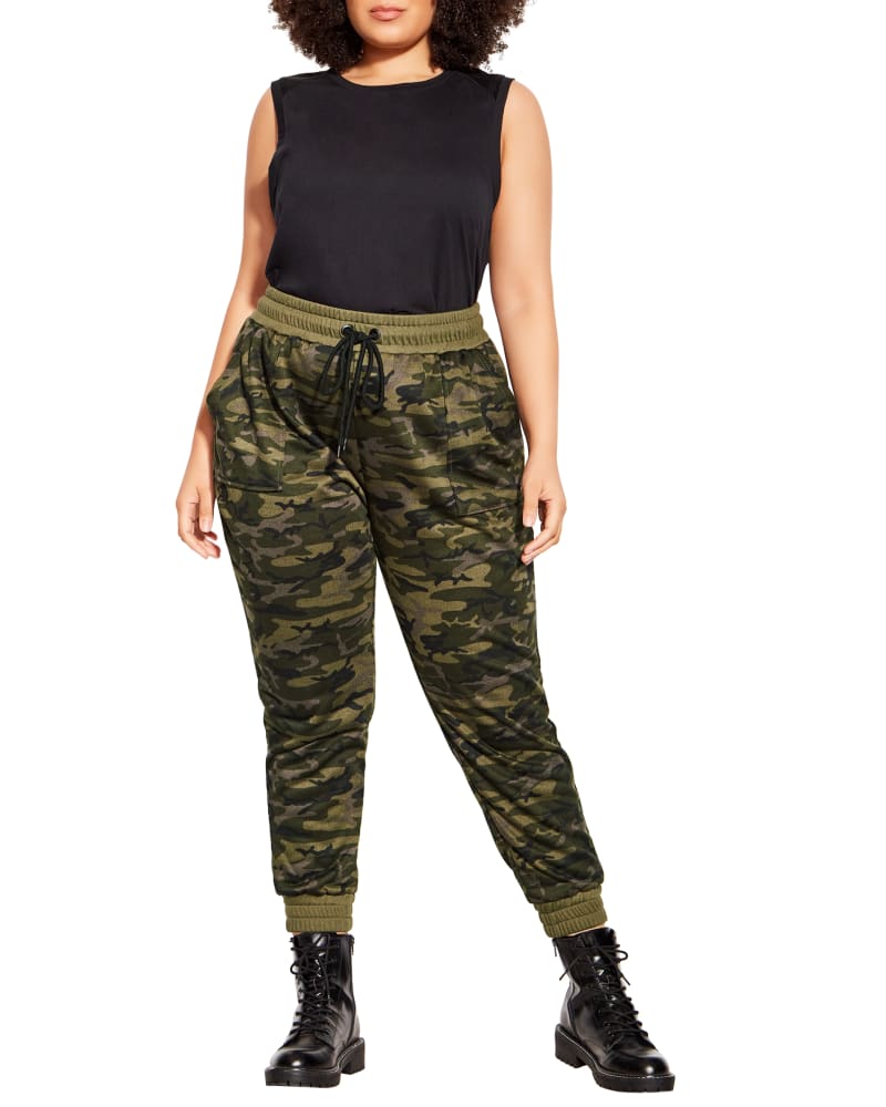 Front of a model wearing a size XXS PANT NADIA in Khaki Camo by CCX. | dia_product_style_image_id:252580